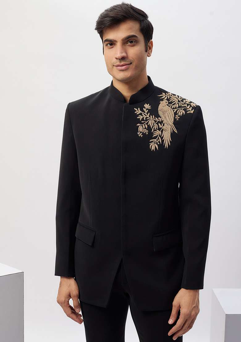 Black Hand Embroidered Rayon Bandhgala Kurta Set For Men - Indya