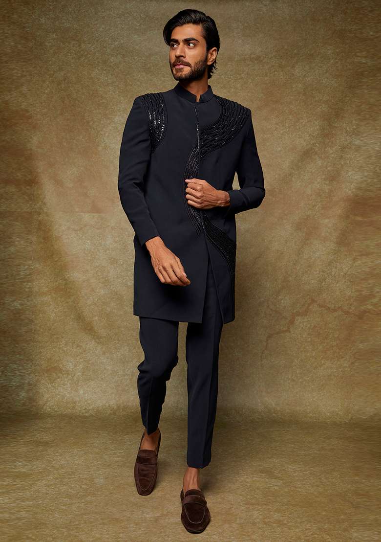 Blue Hand Embroidered Polyester Blend Sherwani Set For Men - Indya