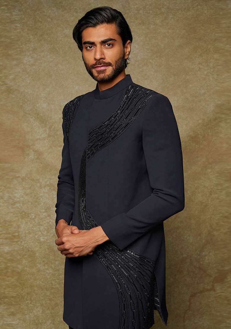Blue Hand Embroidered Polyester Blend Sherwani Set For Men - Indya