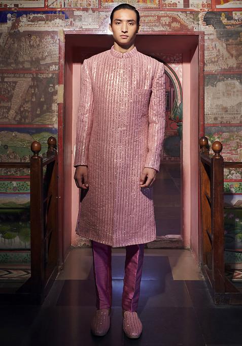 Mauve Rang Mahal Embroidered Raw Silk Sherwani And Kurta Set For Men