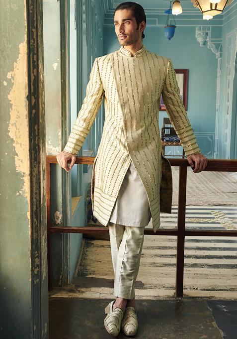 Pale Olive Rang Mahal Embroidered Linen Satin Sherwani And Kurta Set For Men