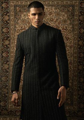 Black Embroidered Silk Sherwani Set For Men