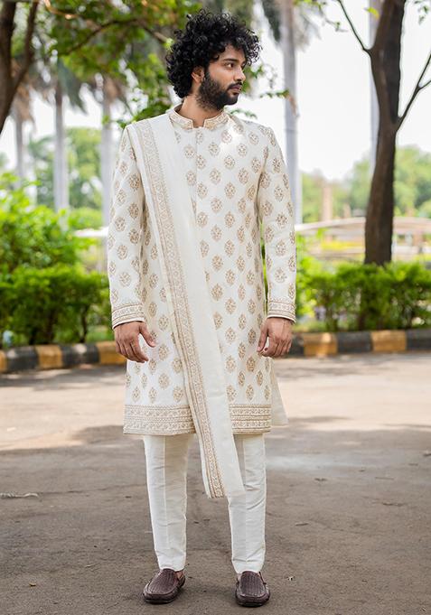 Elysian Silver Zardozi Embroidered Sherwani Set For Men