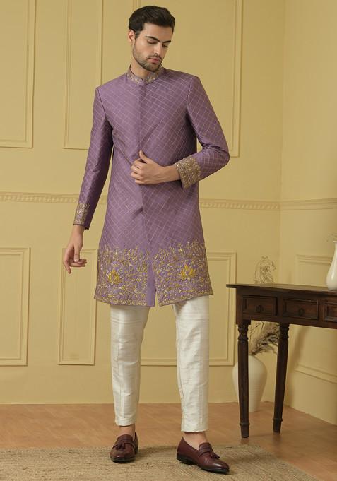 Purple Zari Embroidered Majestic Sherwani Set For Men