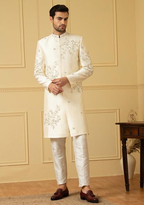 White Cut Bead Embroidered Sherwani Set For Men