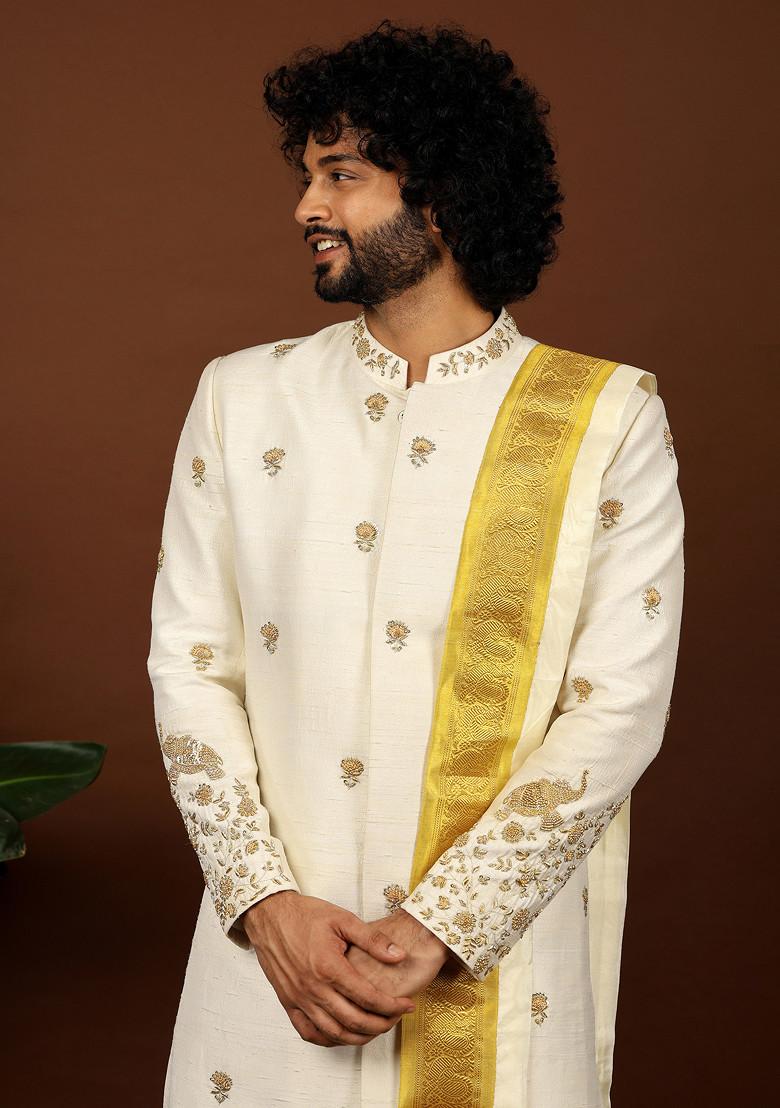 Off White Elephant Embroidered Sherwani Set For Men