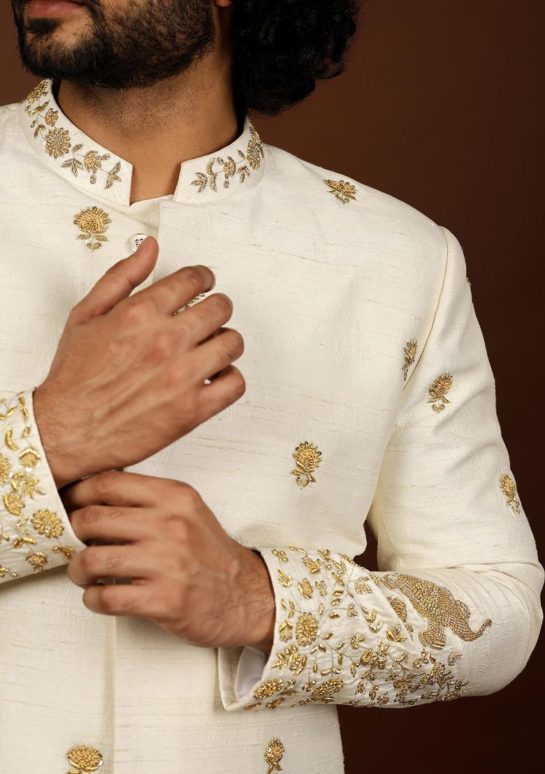 Off White Elephant Embroidered Sherwani Set For Men