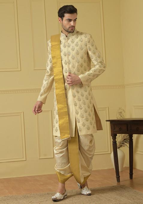 Gold Zardozi Embroidered Sherwani Set For Men