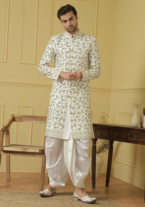 White Zardozi Embroidered Dupion Silk Sherwani Set For Men