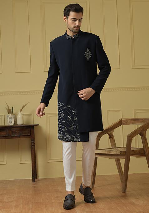 Blue Dapper Embroidered Indo Western Sherwani Set For Men