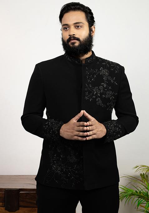 Black Chival Bandhgala Sherwani Set For Men