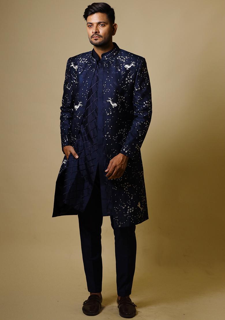 Navy Blue Embroidered Indo Western Sherwani Set For Men