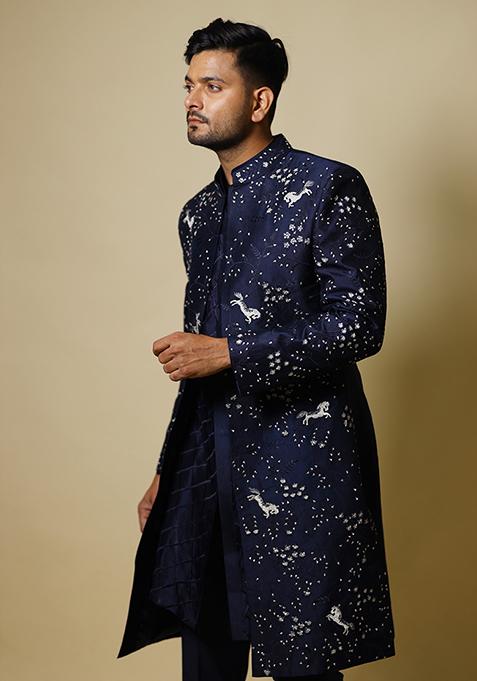 Navy Blue Embroidered Indo Western Sherwani Set For Men