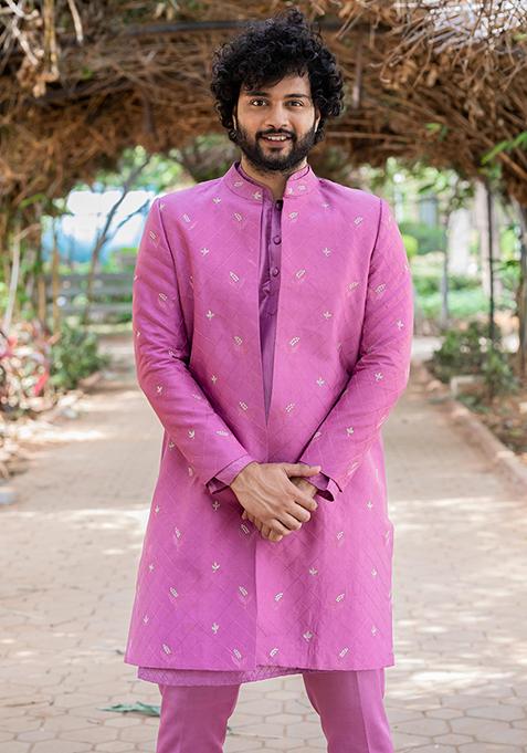 Purple Frein Embroidered Indo Western Sherwani Set For Men