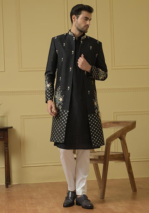 Black Floral Noir Embroidered Sherwani Set For Men