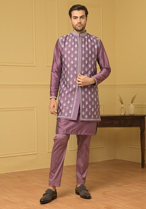 Purple Embroidered Sherwani Set For Men