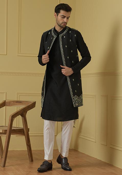 Black Elegant Dupion Silk Sherwani Set For Men