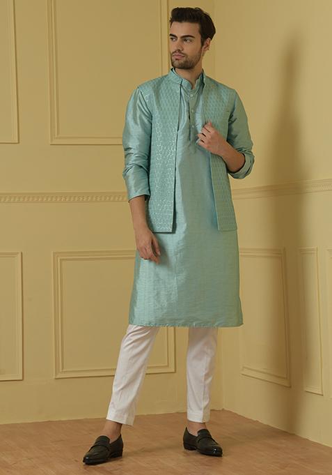 Sea Blue Open Nehru Jacket Set For Men