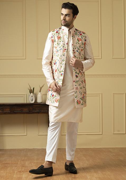 Off White Long Floral Embroidered Nehru Jacket Set For Men