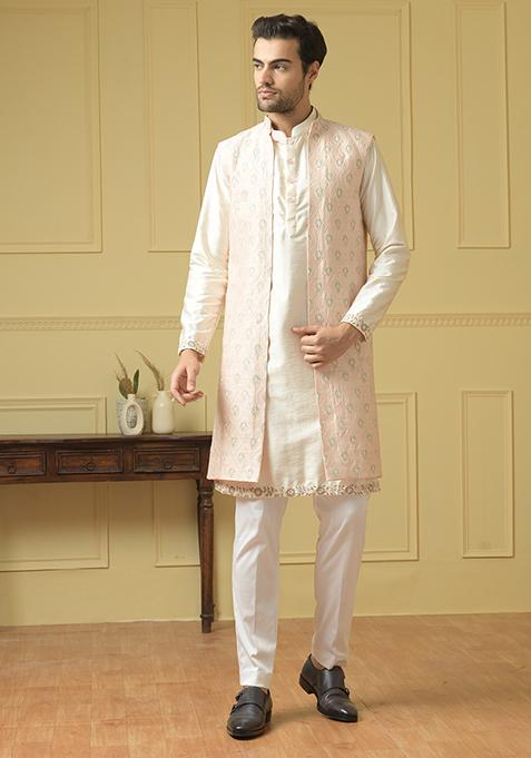 Light Pink Long Nehru Jacket Set For Men