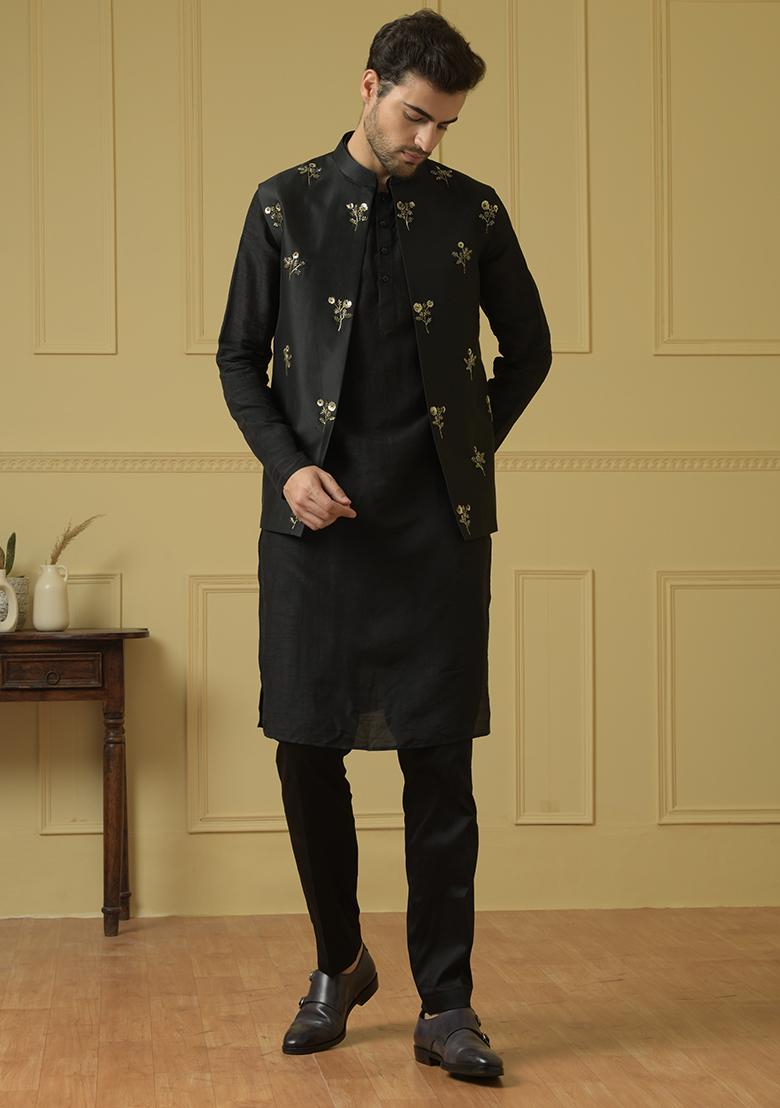 Black Embroidered Nehru Jacket Sherwani Set For Men