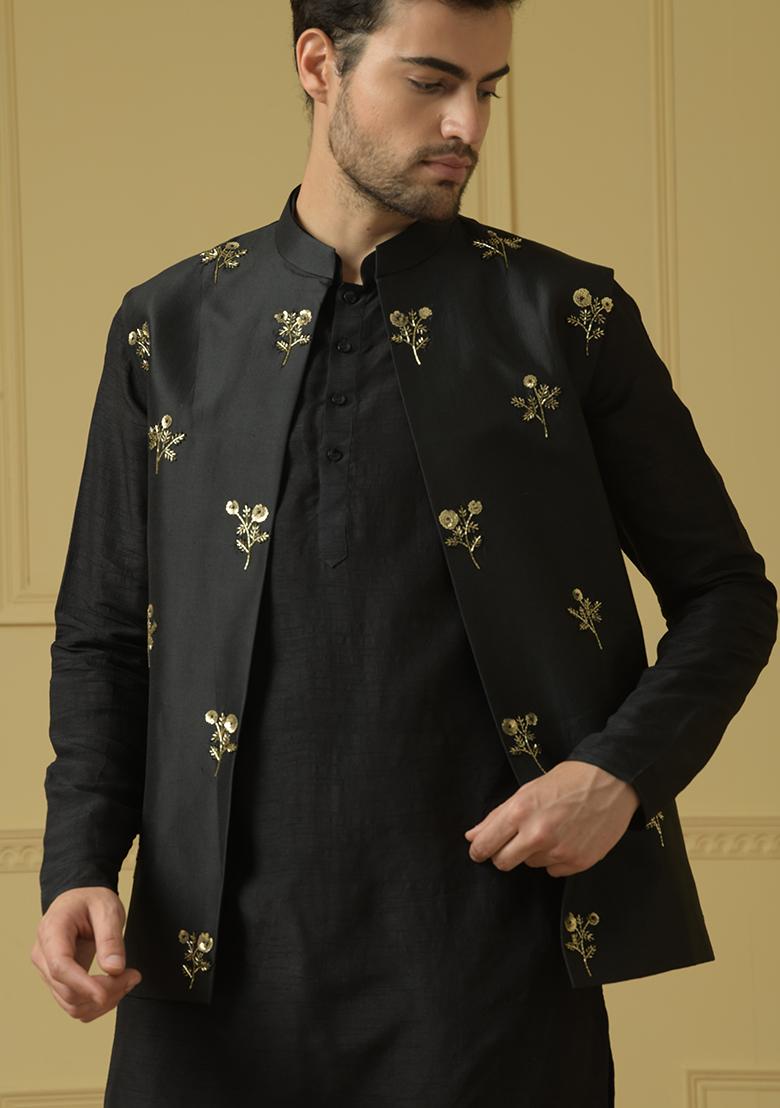 Black Embroidered Nehru Jacket Sherwani Set For Men