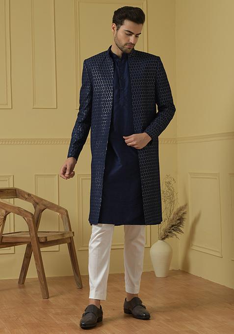 Dark Blue Embroidered Silk Long Nehru Jacket Set For Men