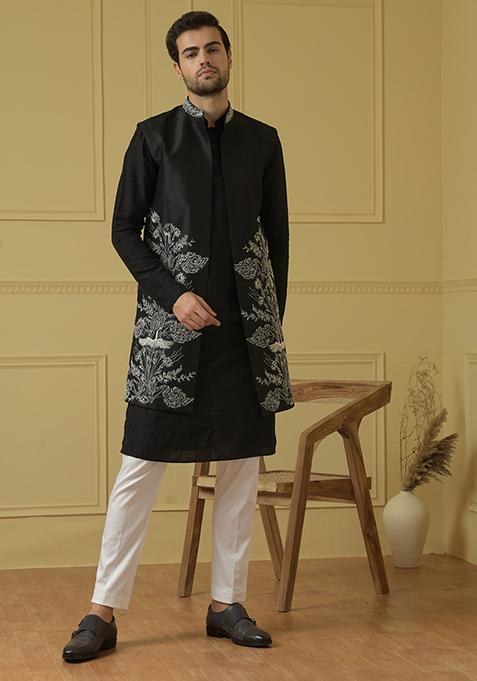 Black Long Zari Embroidered Nehru Jacket Set For Men