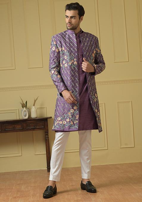 Purple Embroidered Nehru Jacket Set For Men