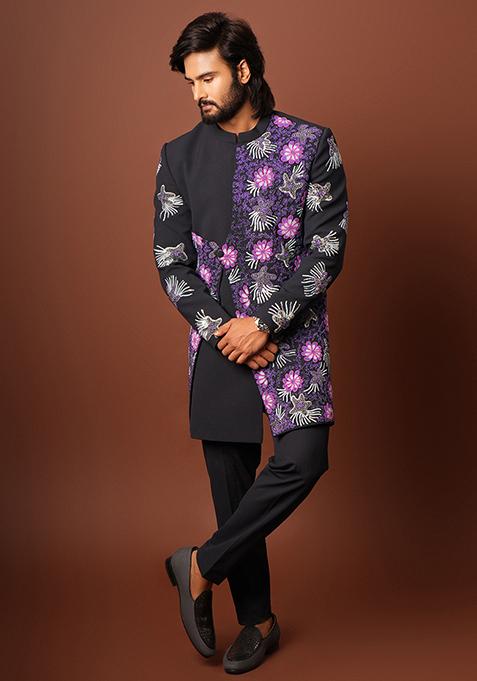 Blue Embroidered Indo Western Sherwani Set For Men