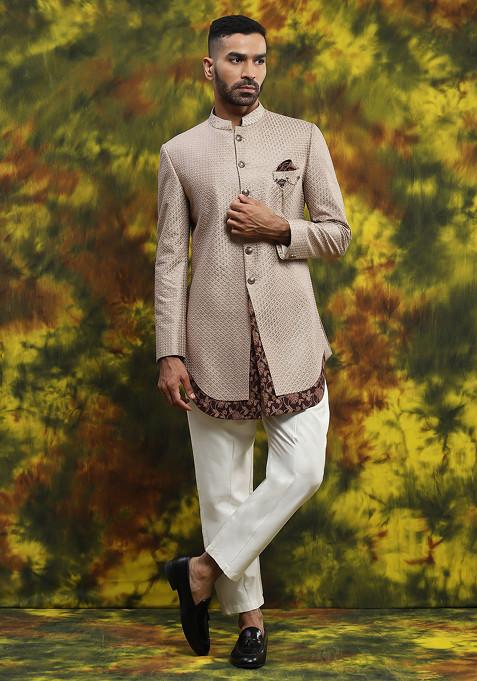 Beige Embroidered Handloom Silk Sherwani Set For Men