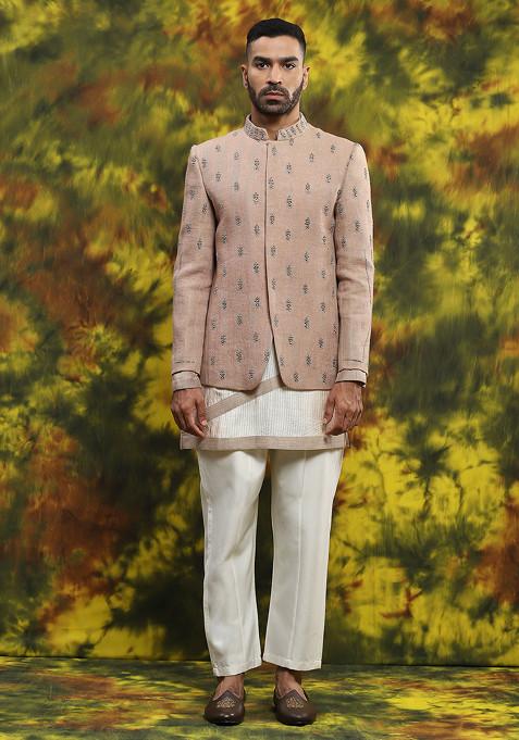 Pale Pink Embroidered Handloom Silk Bandhgala Jacket Set For Men