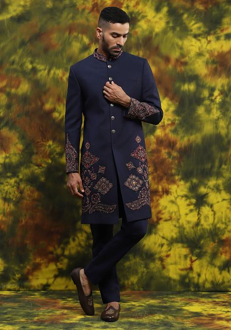 Navy Blue Embroidered Handloom Silk Sherwani Set For Men