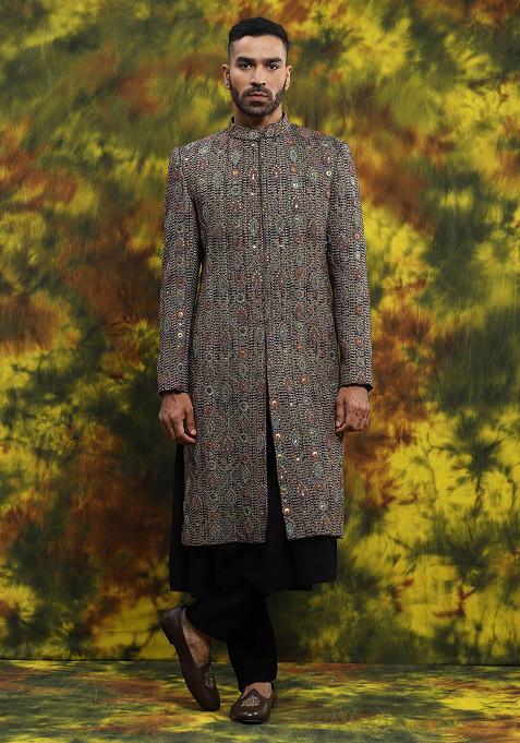 Multi Colour Embroidered Sherwani Set For Men