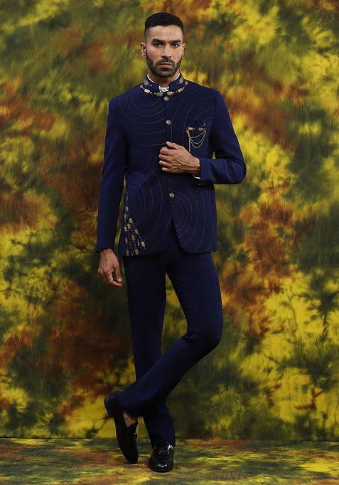 Royal Blue Embroidered Bandhgala Jacket Set For Men