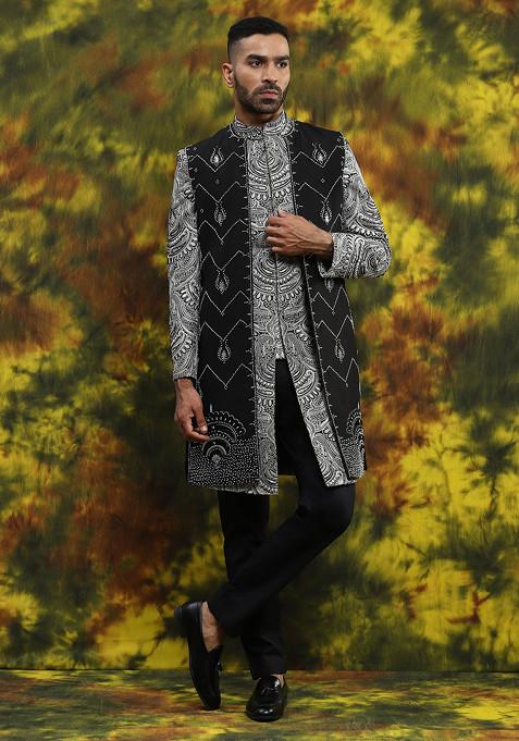 White Embroidered Indowestern Kurta Set For Men