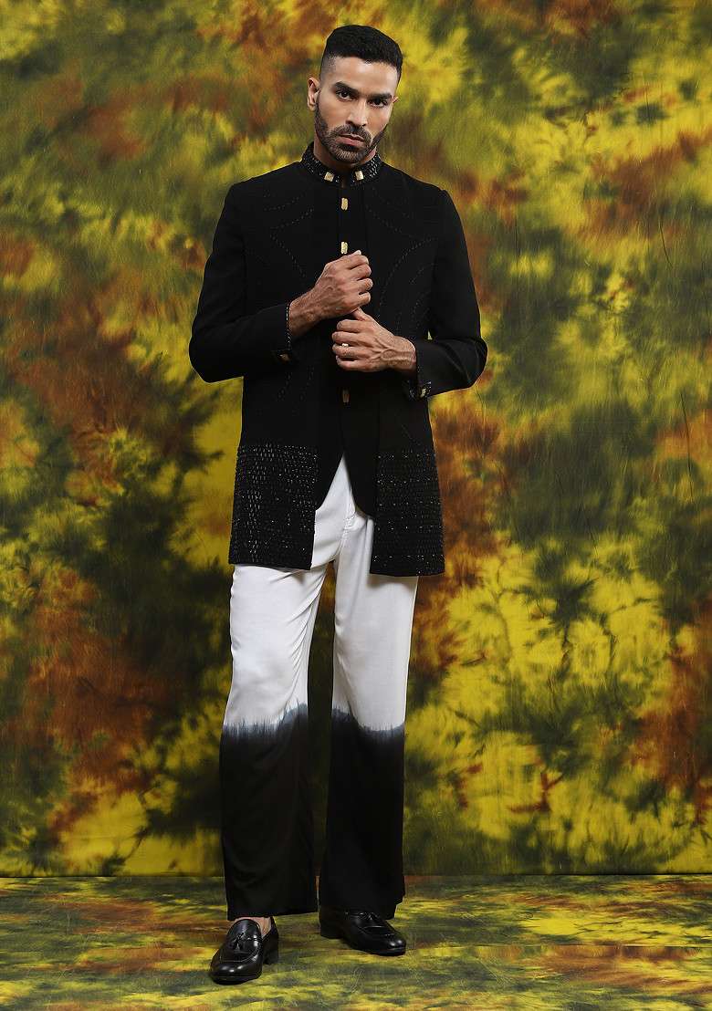 Black Embroidered Indo Western Blazer Set For Men - Indya