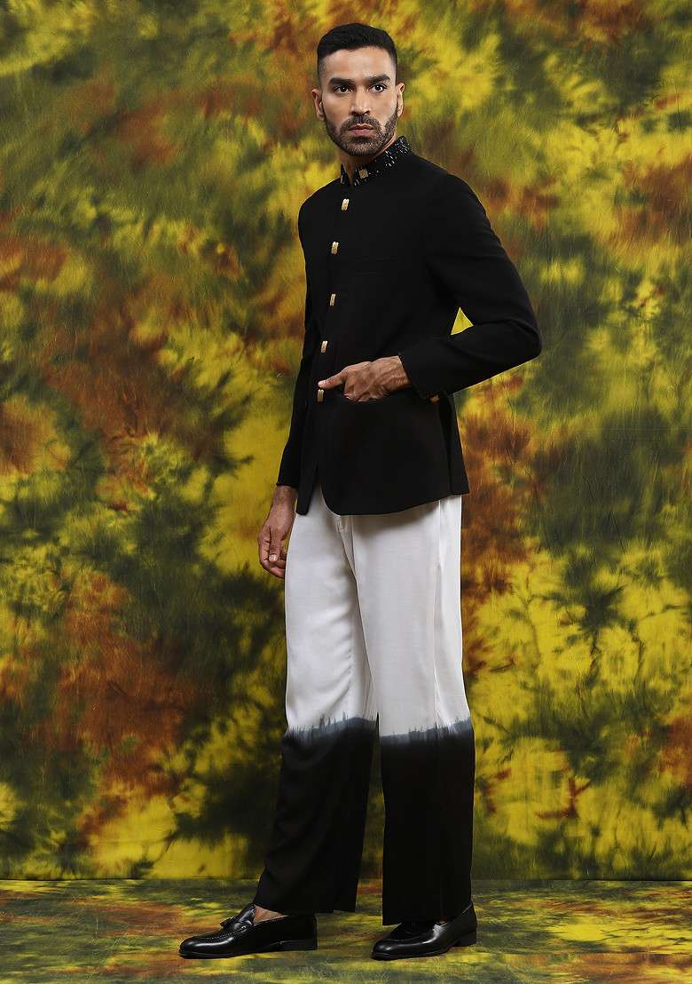 Black Embroidered Indo Western Blazer Set For Men - Indya