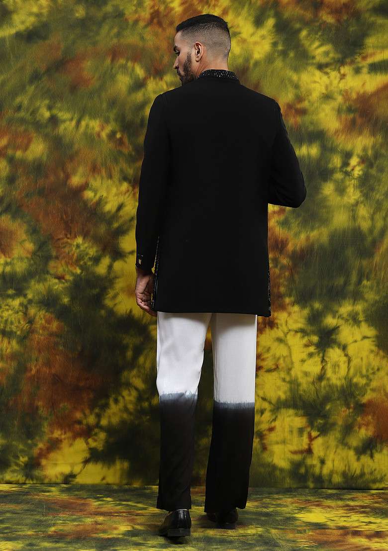Black Embroidered Indo Western Blazer Set For Men - Indya