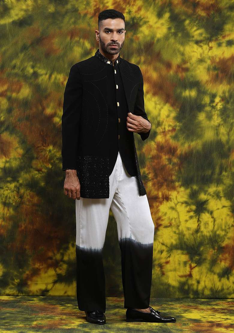 Black Embroidered Indo Western Blazer Set For Men - Indya