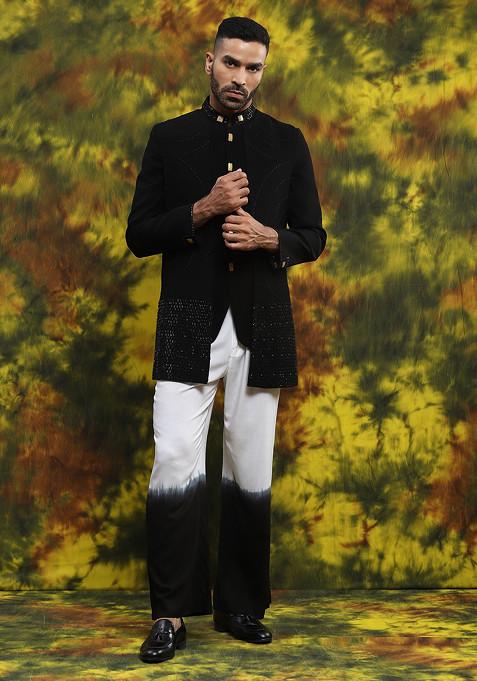 Black Embroidered Indo Western Blazer Set For Men