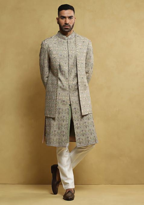 Sea Green Embroidered Handloom Silk Sherwani Set For Men