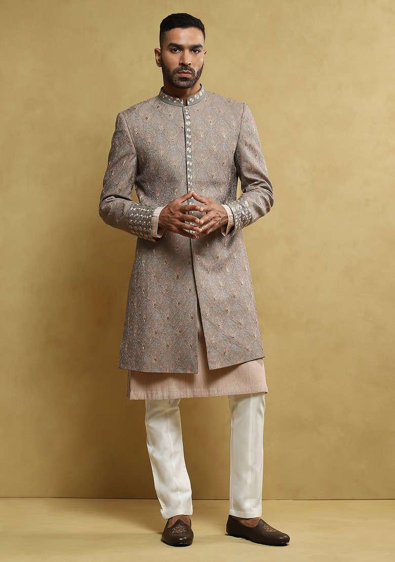 Grey Embroidered Handloom Silk Sherwani Set For Men - Indya