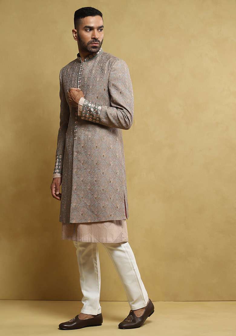 Grey Embroidered Handloom Silk Sherwani Set For Men - Indya