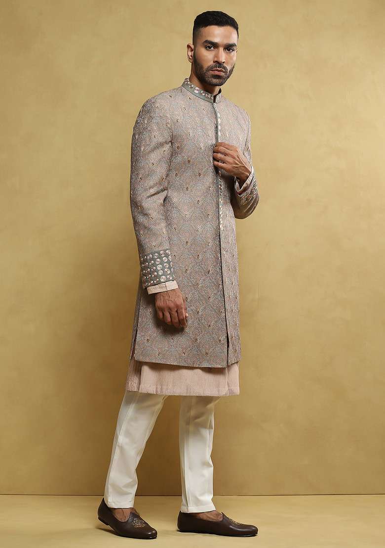 Grey Embroidered Handloom Silk Sherwani Set For Men - Indya
