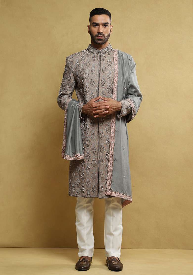Grey Moti Work Handloom Silk Sherwani Set For Men - Indya