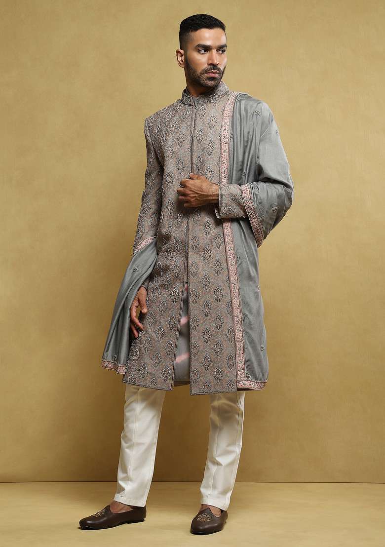 Grey Moti Work Handloom Silk Sherwani Set For Men - Indya