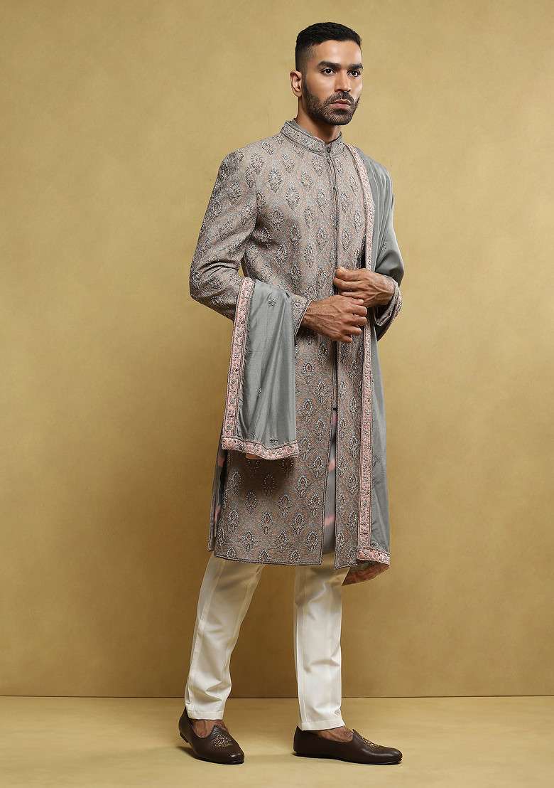 Grey Moti Work Handloom Silk Sherwani Set For Men - Indya