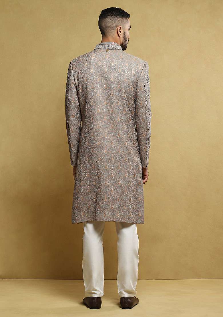 Grey Moti Work Handloom Silk Sherwani Set For Men - Indya