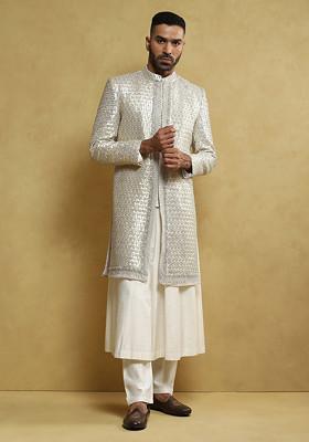 Off White Embroidered Sherwani With Anarkali Set For Men
